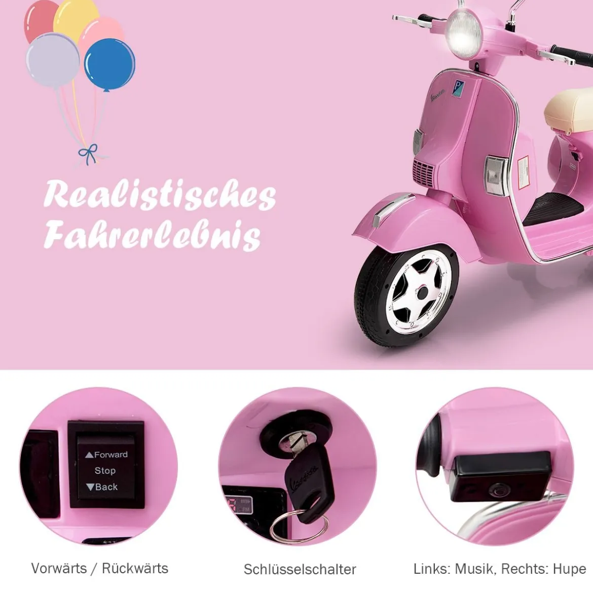 6V Elektro Motorrad mit 2 Stützrädern und Schlüssel & Lichter und Musik für Kinder ab 3 Jahren Rosa