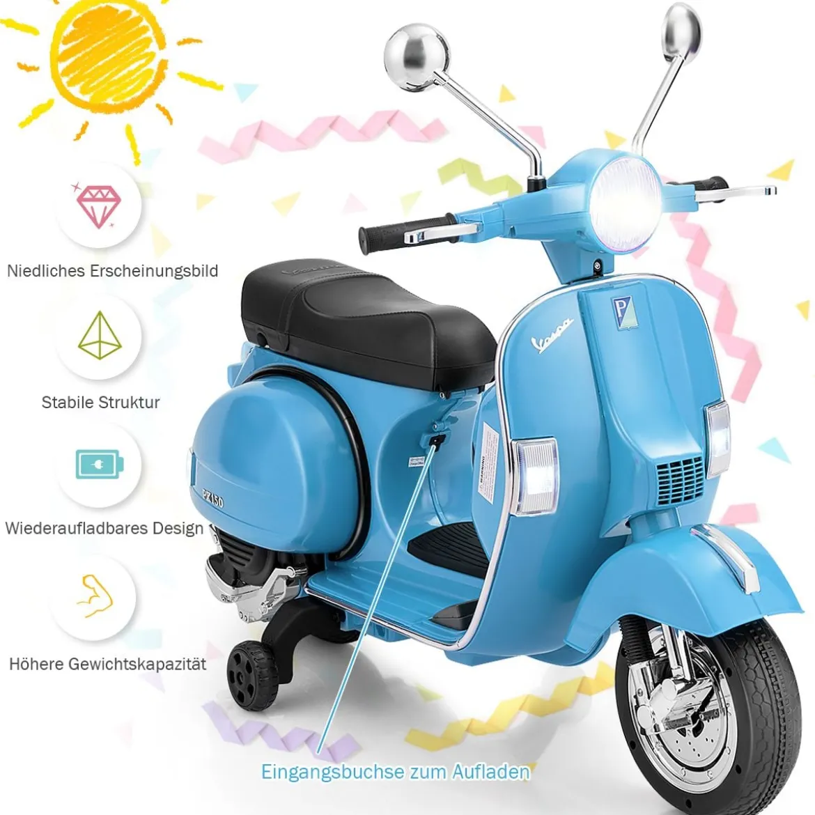 6V Elektro Motorrad mit 2 Stützrädern und Schlüssel & Lichter und Musik für Kinder ab 3 Jahren Blau