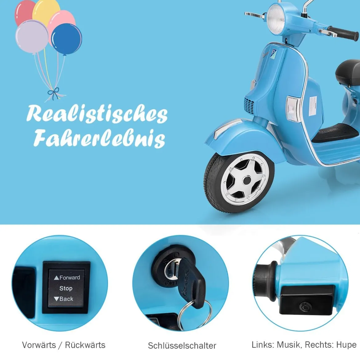 6V Elektro Motorrad mit 2 Stützrädern und Schlüssel & Lichter und Musik für Kinder ab 3 Jahren Blau