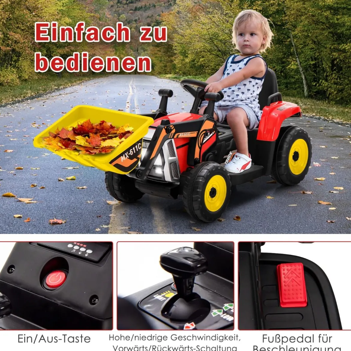 12V Elektro Sitzbagger mit Verstellbarer Schaufel & Musik und Scheinwerfer Rot