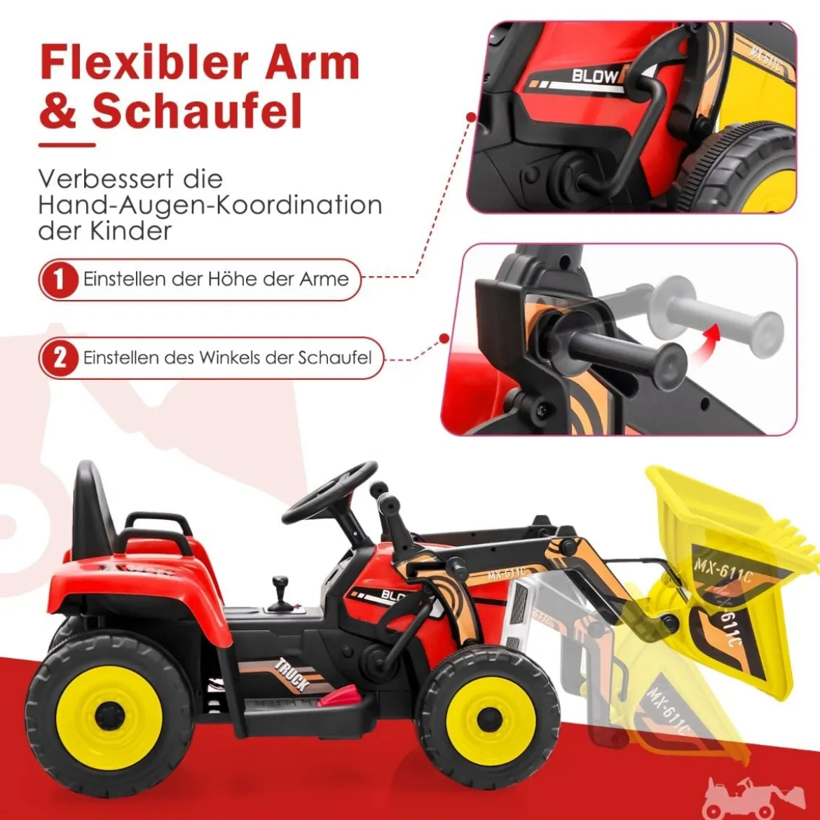 12V Elektro Sitzbagger mit Verstellbarer Schaufel & Musik und Scheinwerfer Rot