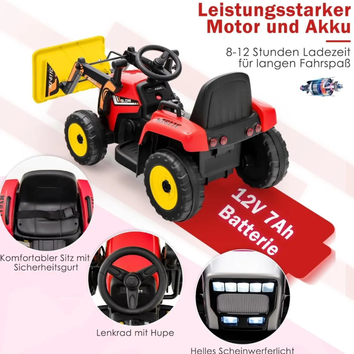 12V Elektro Sitzbagger mit Verstellbarer Schaufel & Musik und Scheinwerfer Rot
