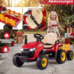 24V Elektro Traktor mit Anhänger & 2,4G Fernbedienung & Hupe Kindertraktor Elektrotraktor Rot