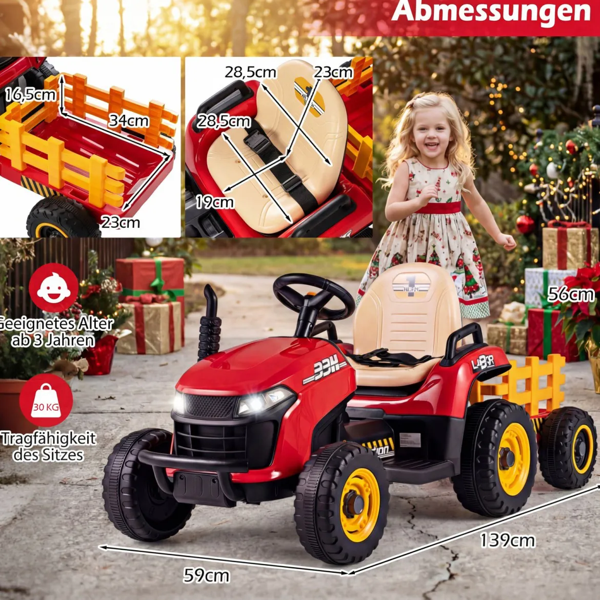 24V Elektro Traktor mit Anhänger & 2,4G Fernbedienung & Hupe Kindertraktor Elektrotraktor Rot