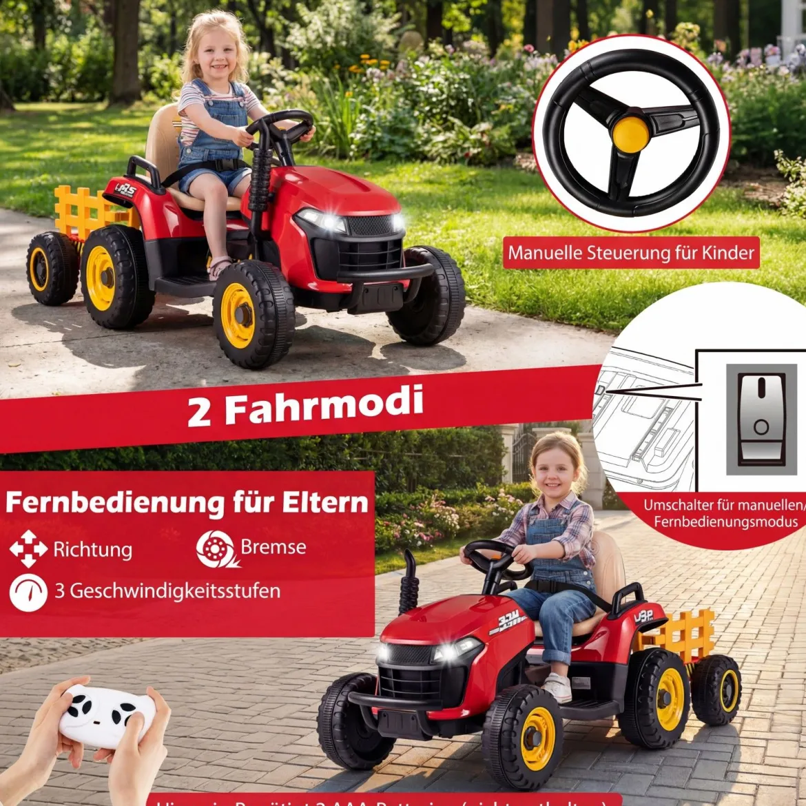 24V Elektro Traktor mit Anhänger & 2,4G Fernbedienung & Hupe Kindertraktor Elektrotraktor Rot