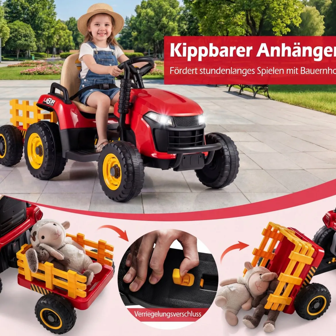 24V Elektro Traktor mit Anhänger & 2,4G Fernbedienung & Hupe Kindertraktor Elektrotraktor Rot