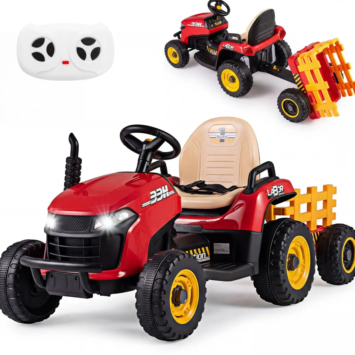 24V Elektro Traktor mit Anhänger & 2,4G Fernbedienung & Hupe Kindertraktor Elektrotraktor Rot