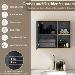 Verspiegelter Medizinschrank Badezimmerschrank mit Einzelner Spiegeltür 60 x 20 x 52 cm Grau