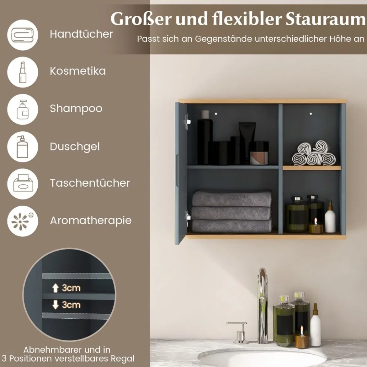 Verspiegelter Medizinschrank Badezimmerschrank mit Einzelner Spiegeltür 60 x 20 x 52 cm Grau