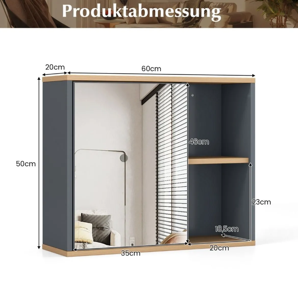 Verspiegelter Medizinschrank Badezimmerschrank mit Einzelner Spiegeltür 60 x 20 x 52 cm Grau