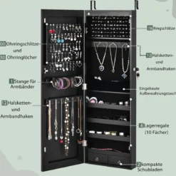 Verspiegelter Schmuckschrank Abschließbar Wand- / Türmontage 36 x 10 x 108 cm Schwarz