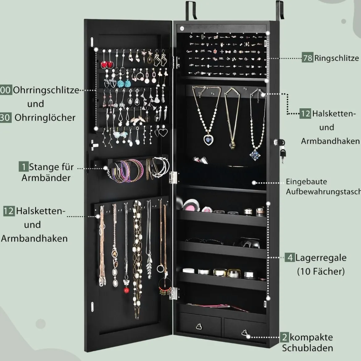 Verspiegelter Schmuckschrank Abschließbar Wand- / Türmontage 36 x 10 x 108 cm Schwarz
