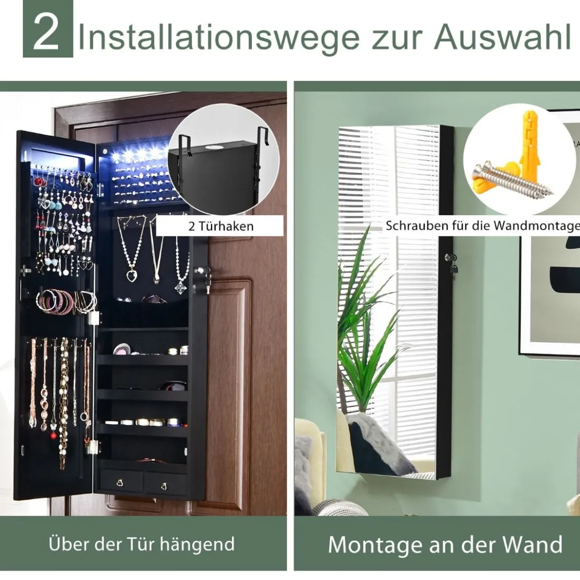 Verspiegelter Schmuckschrank Abschließbar Wand- / Türmontage 36 x 10 x 108 cm Schwarz