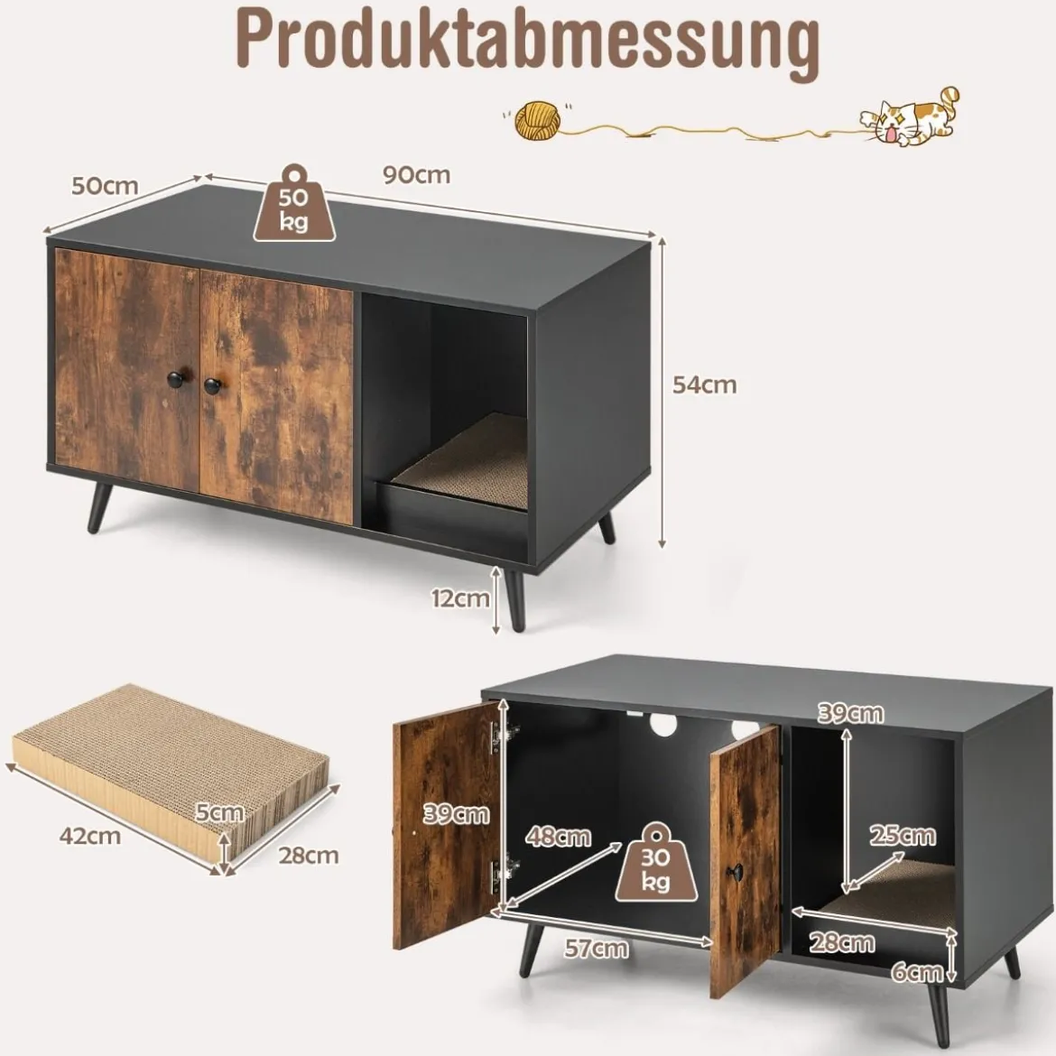 Versteck für die Katzentoilette modernes Katzenhaus mit Schrank mit Doppeltür 90 x 50 x 54 cm