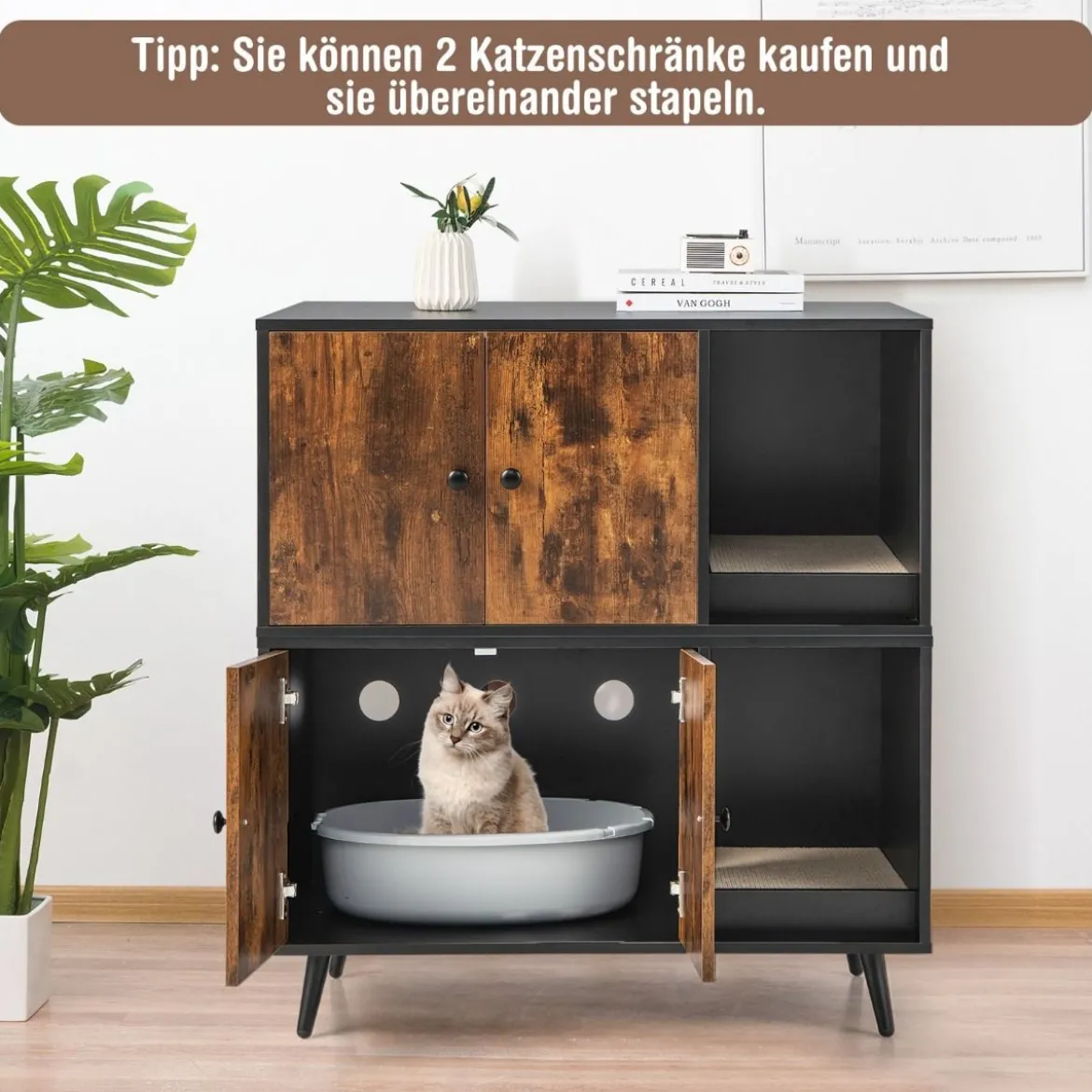 Versteck für die Katzentoilette modernes Katzenhaus mit Schrank mit Doppeltür 90 x 50 x 54 cm