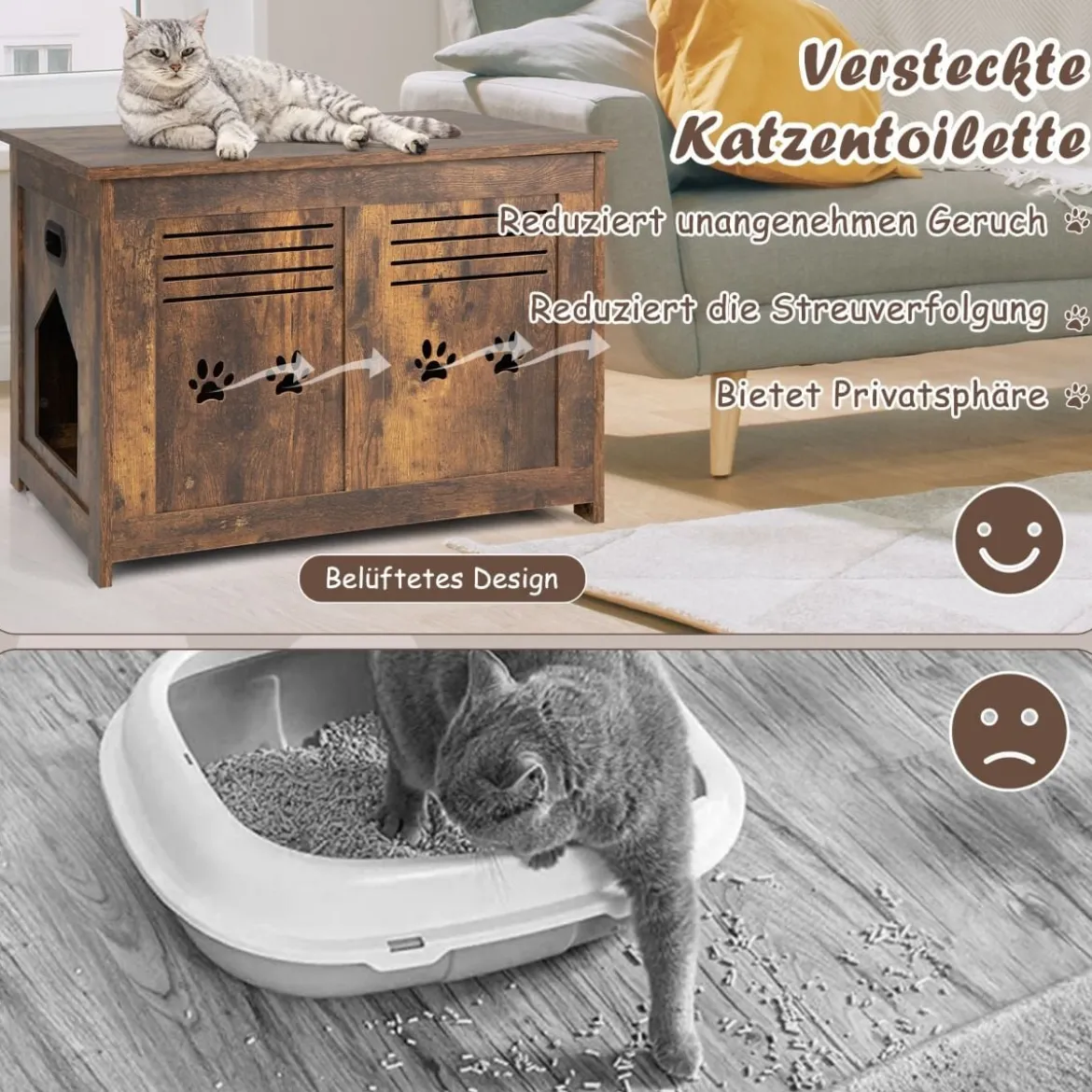 Verstecktes Katzenhaus mit Seitlichem Eingang aus Holz 70 x 52 x 51 cm Rustikales Braun