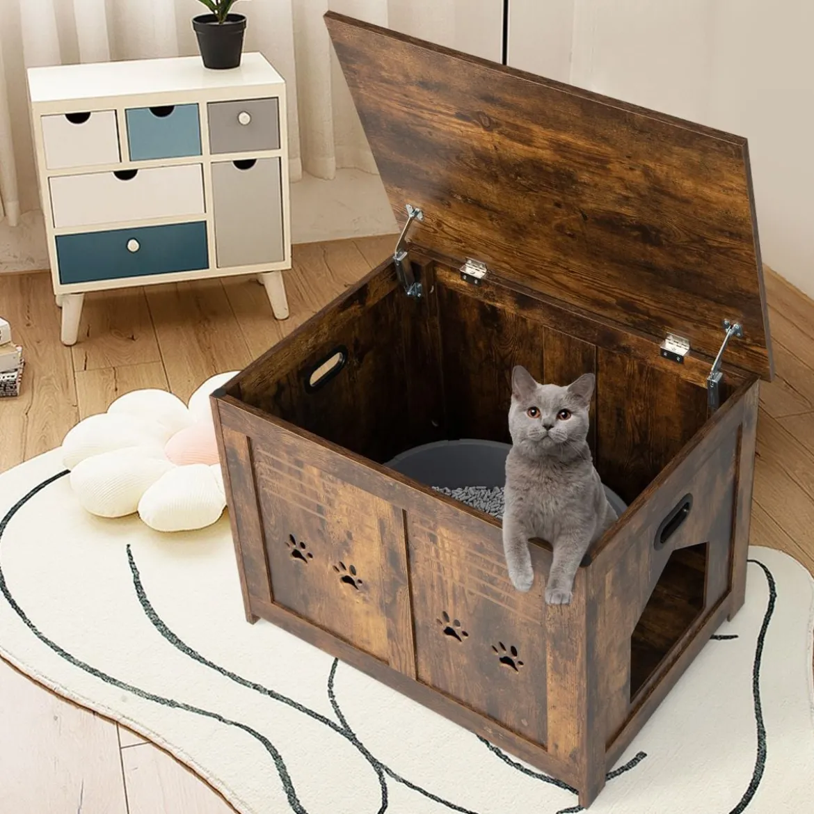 Verstecktes Katzenhaus mit Seitlichem Eingang aus Holz 70 x 52 x 51 cm Rustikales Braun