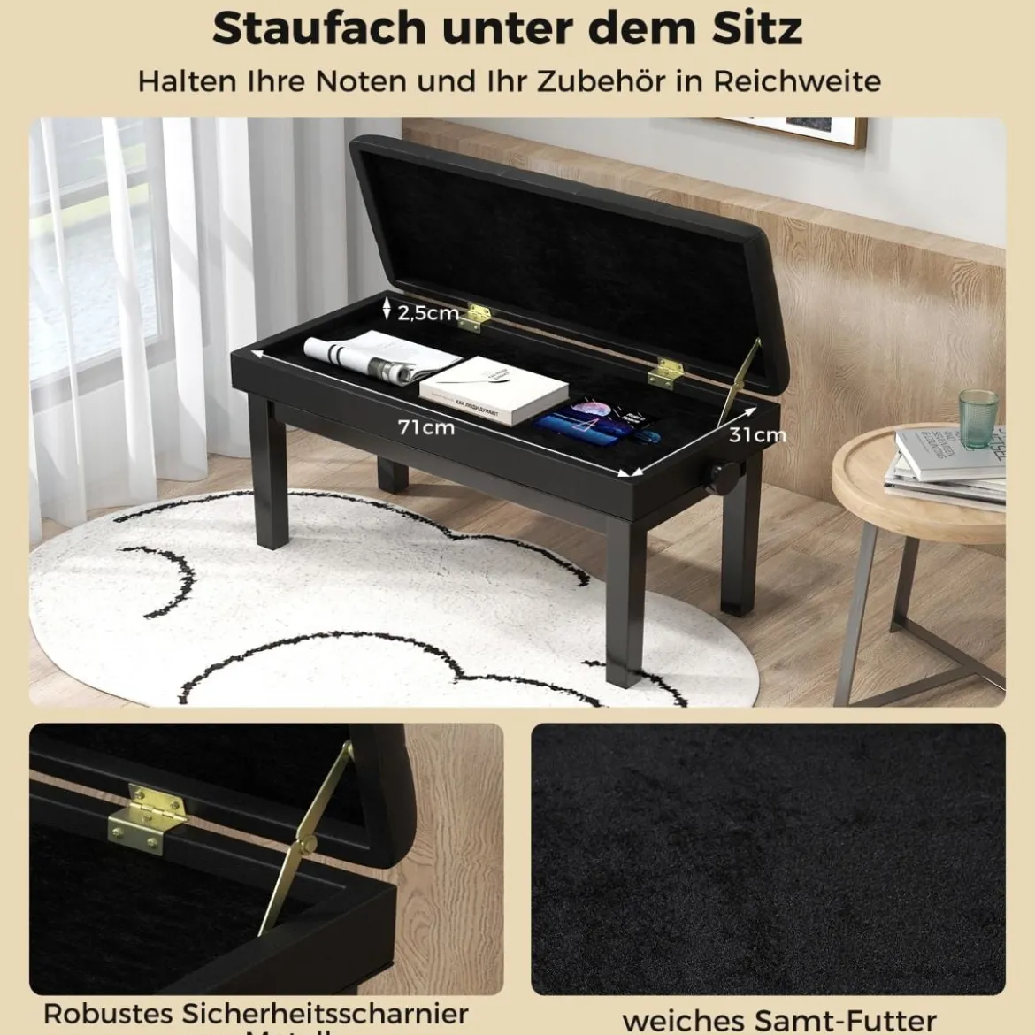 Verstellbare Duett-Klavierbank mit Stauraum & Wasserdichtem Gepolstertem Kissen Schwarz