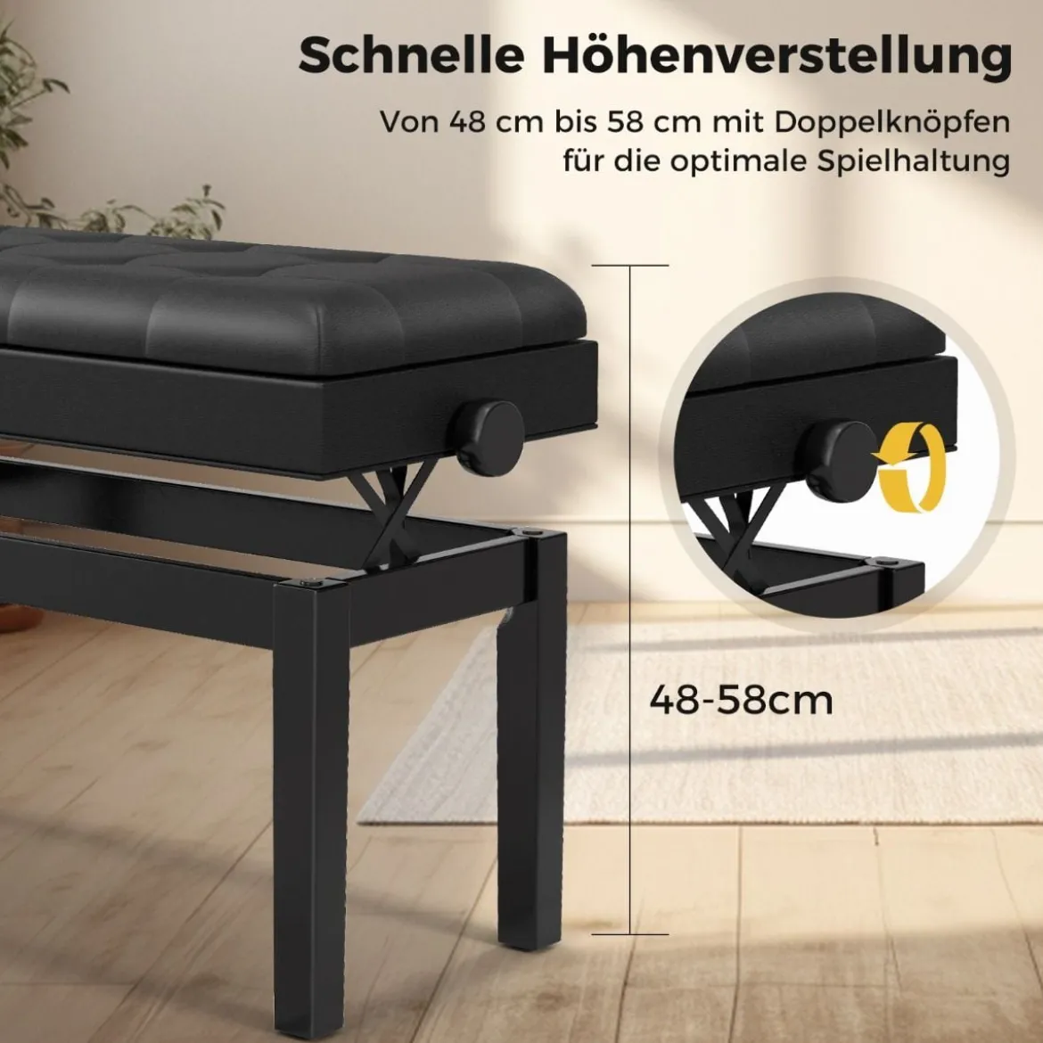 Verstellbare Duett-Klavierbank mit Stauraum & Wasserdichtem Gepolstertem Kissen Schwarz