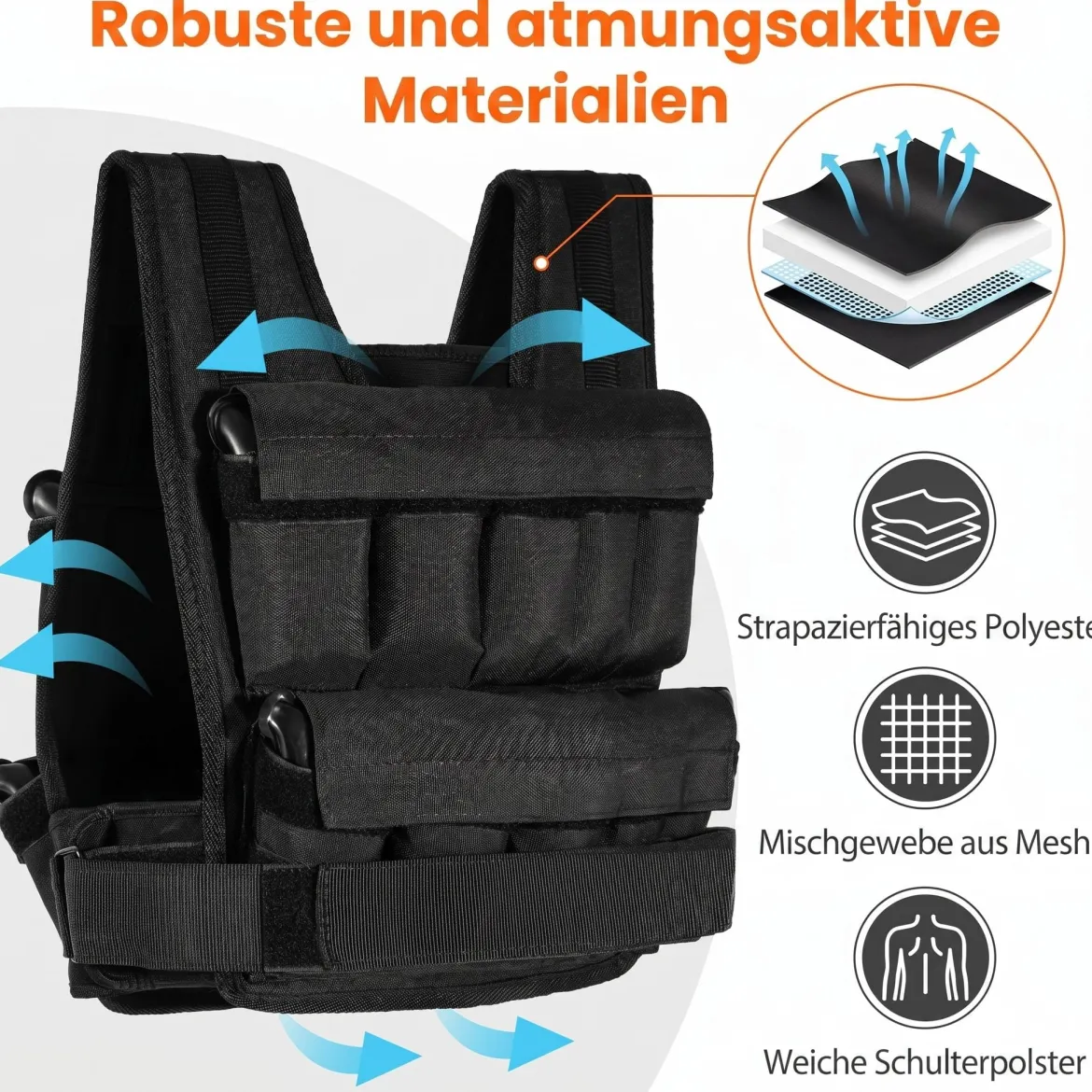 Verstellbare Gewichtsweste für Damen & Herren Fitnessweste mit Abnehmbaren Gewichtsandsäcken 34 cm