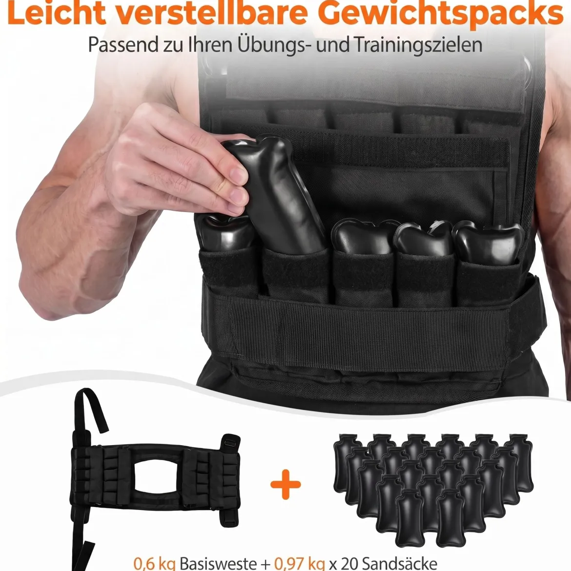 Verstellbare Gewichtsweste für Damen & Herren Fitnessweste mit Abnehmbaren Gewichtsandsäcken 34 cm
