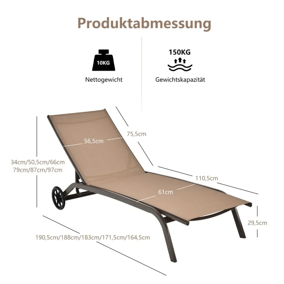 Verstellbare Outdoor-Liege mit Rädern und Schnell Trocknendem Stoff für Pool und Garten