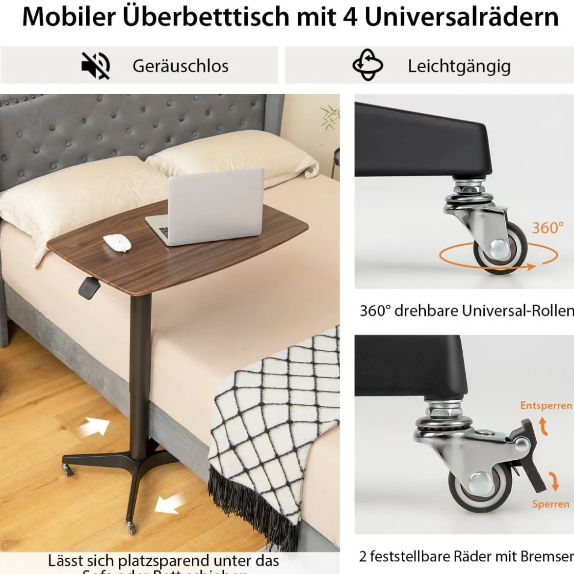 Verstellbarer Betttisch Pneumatischer Medizinischer Nachttisch Braun