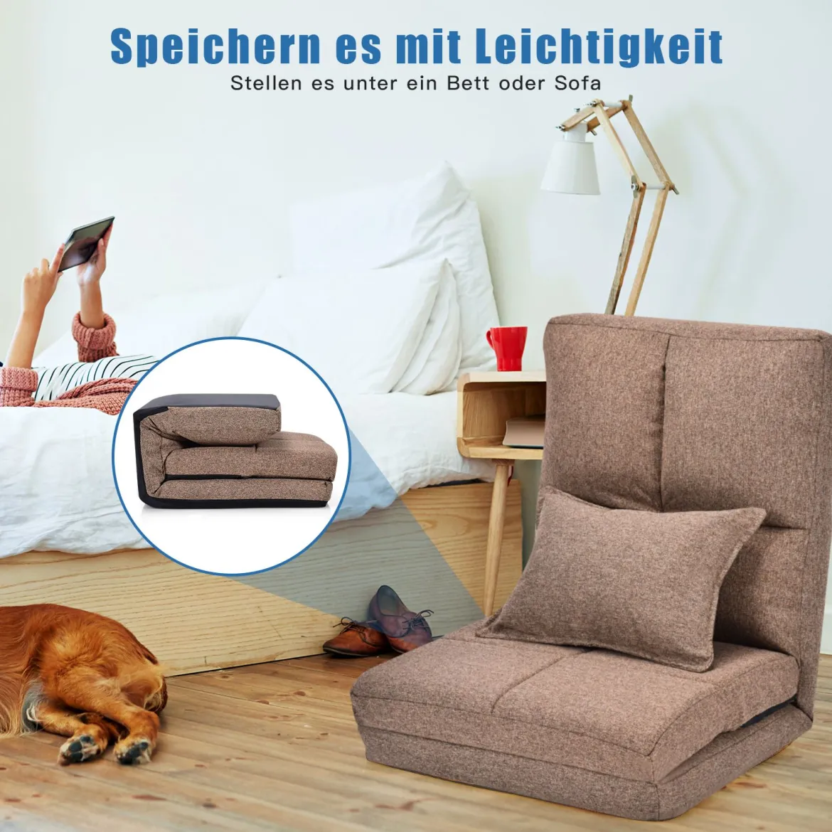 Verstellbarer Bodenstuhl Klappbares Bodensofa mit weichem Kissen Bodensessel Braun