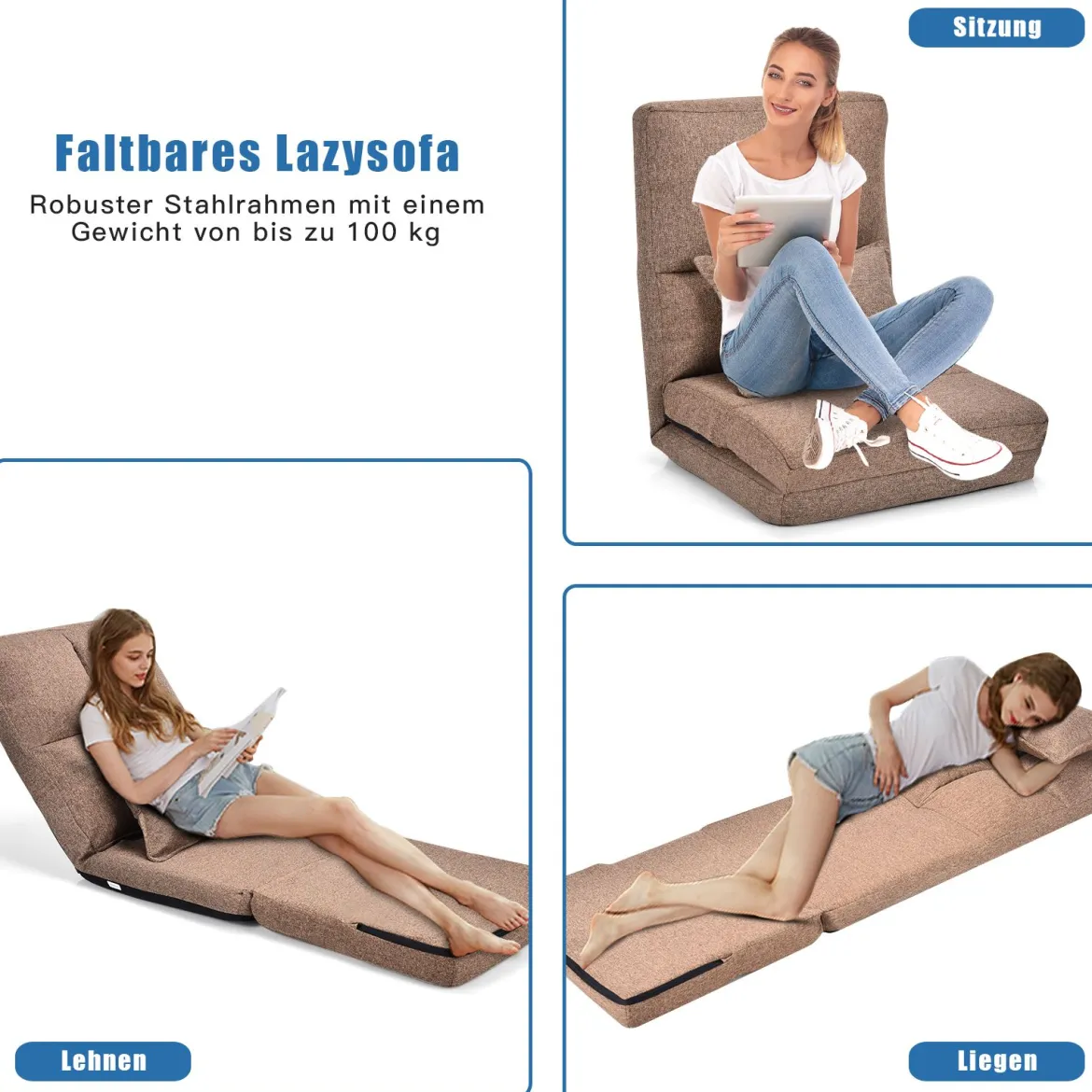 Verstellbarer Bodenstuhl Klappbares Bodensofa mit weichem Kissen Bodensessel Braun