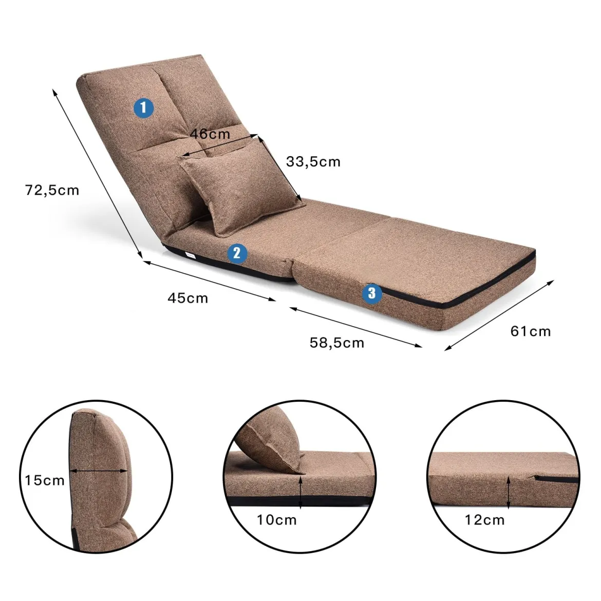 Verstellbarer Bodenstuhl Klappbares Bodensofa mit weichem Kissen Bodensessel Braun