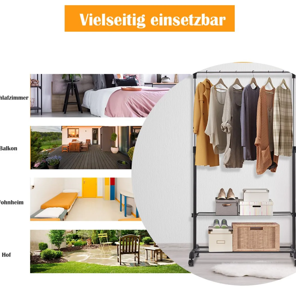 Verstellbarer Kleiderständer mit Rädern und Schuhregalen für Schlafzimmergarderobe Schwarz