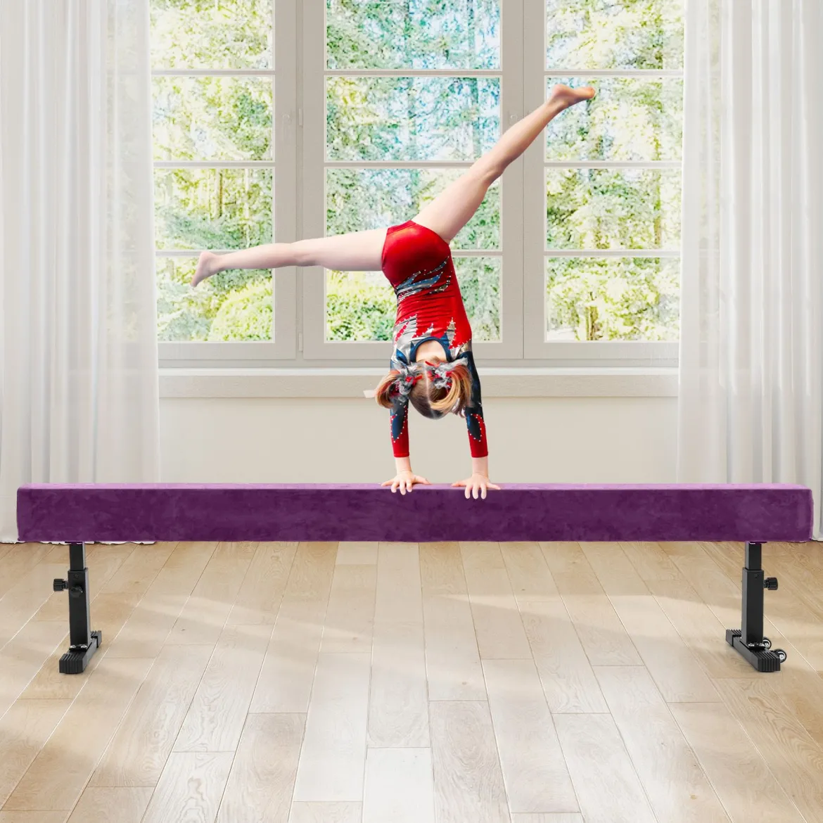 Verstellbarer Schwebebalken 226 cm Hoher und Tiefer Gymnastikbalken mit 3 Höhen Violett
