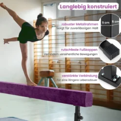 Verstellbarer Schwebebalken 226 cm Hoher und Tiefer Gymnastikbalken mit 3 Höhen Violett