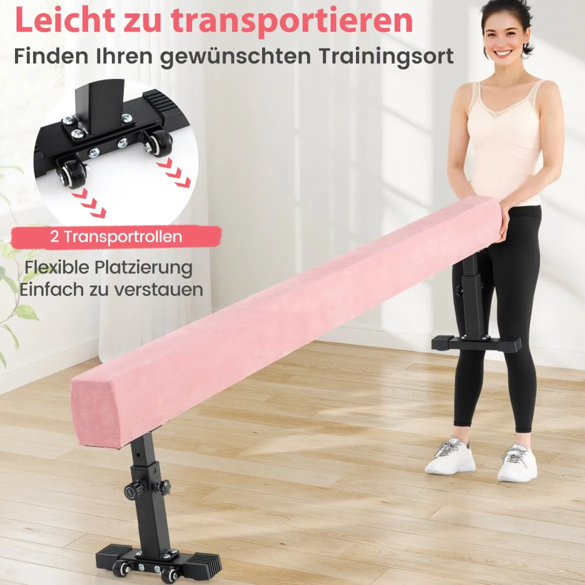 Verstellbarer Schwebebalken 226 cm Hoher und Tiefer Gymnastikbalken mit 3 Höhen Rosa