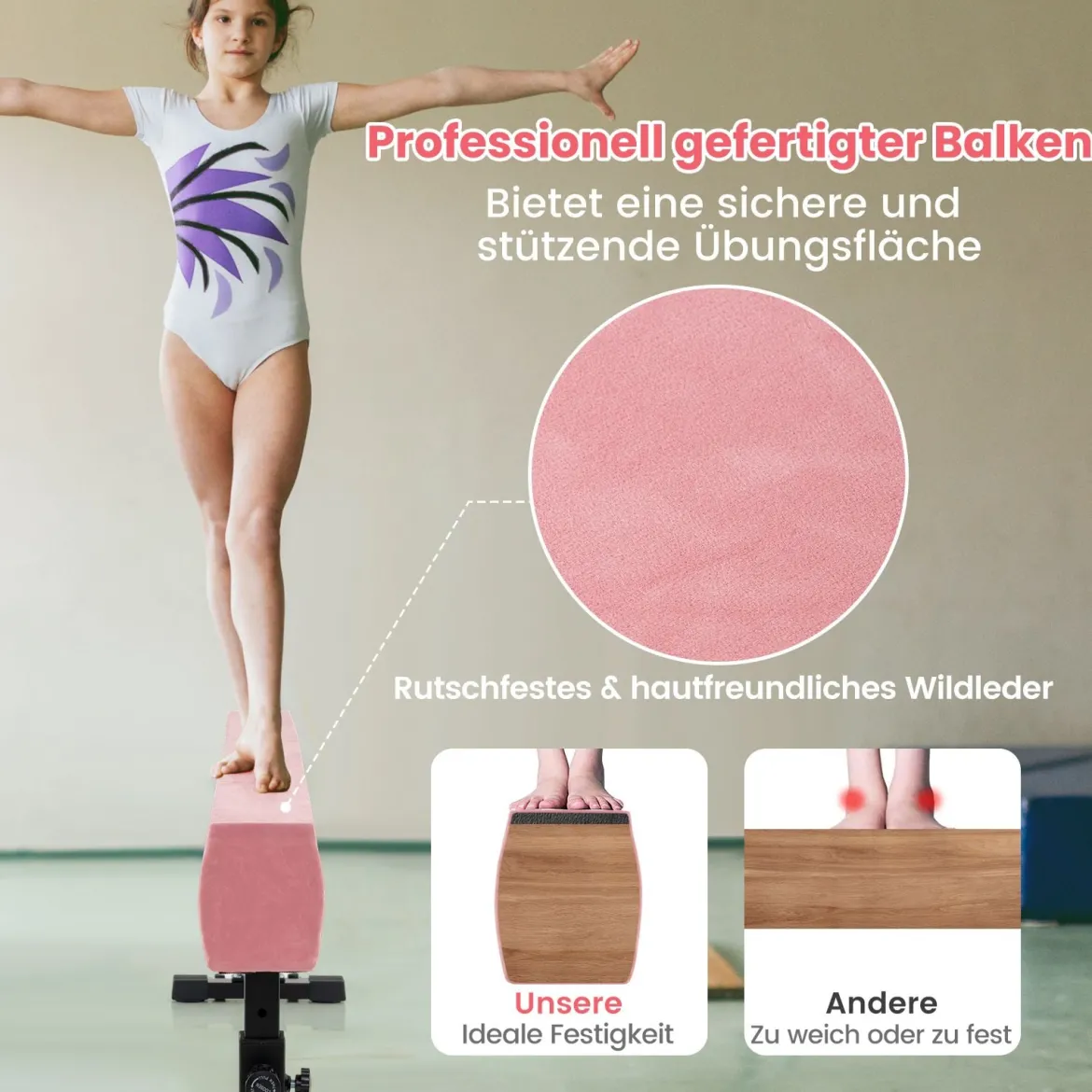 Verstellbarer Schwebebalken 226 cm Hoher und Tiefer Gymnastikbalken mit 3 Höhen Rosa