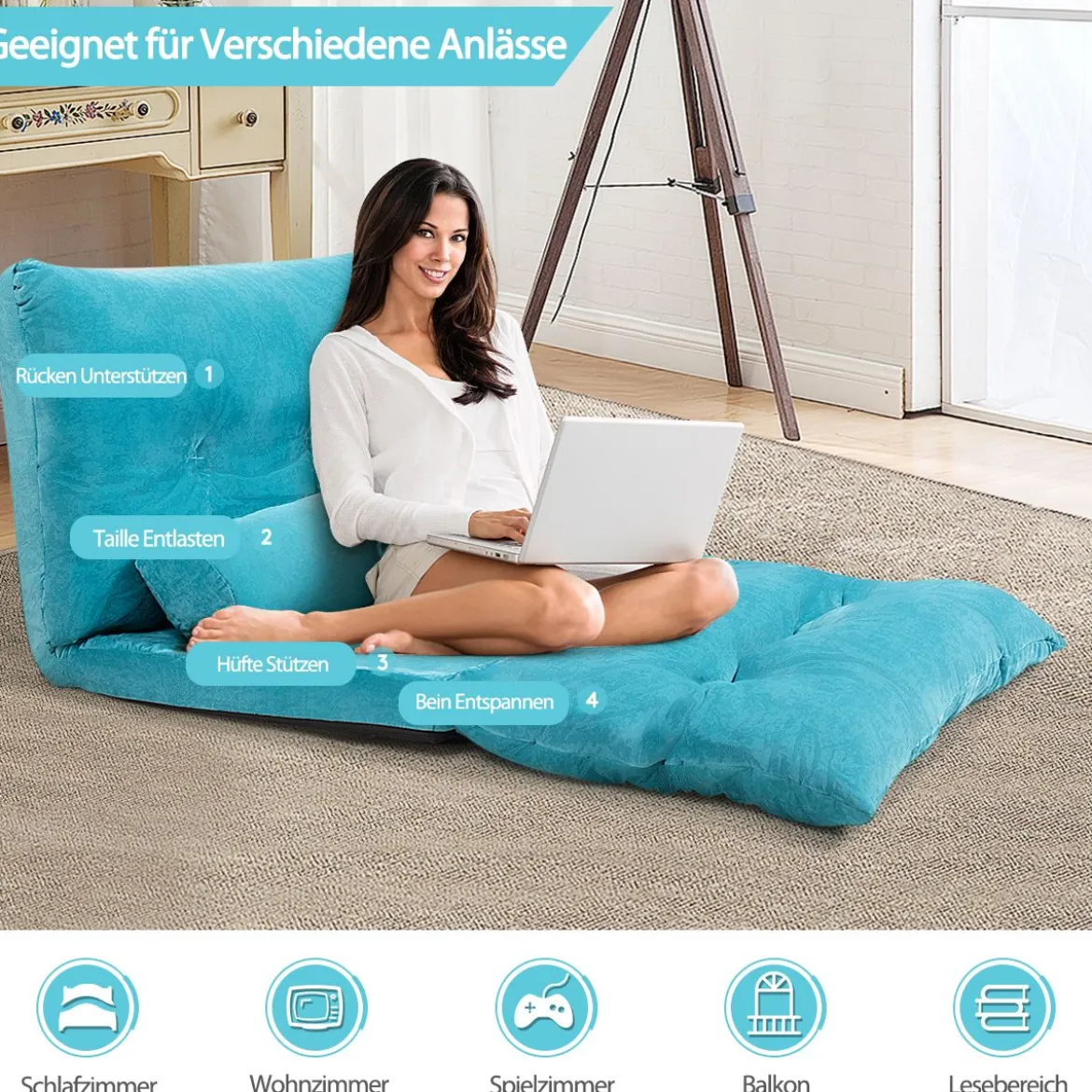 Verstellbares Bodensofa und Couch Bodensofa mit 2 Kissen 180 x 98 x 18 cm Blau