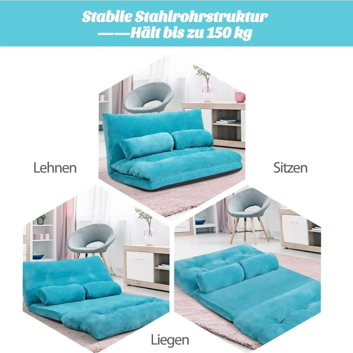 Verstellbares Bodensofa und Couch Bodensofa mit 2 Kissen 180 x 98 x 18 cm Blau