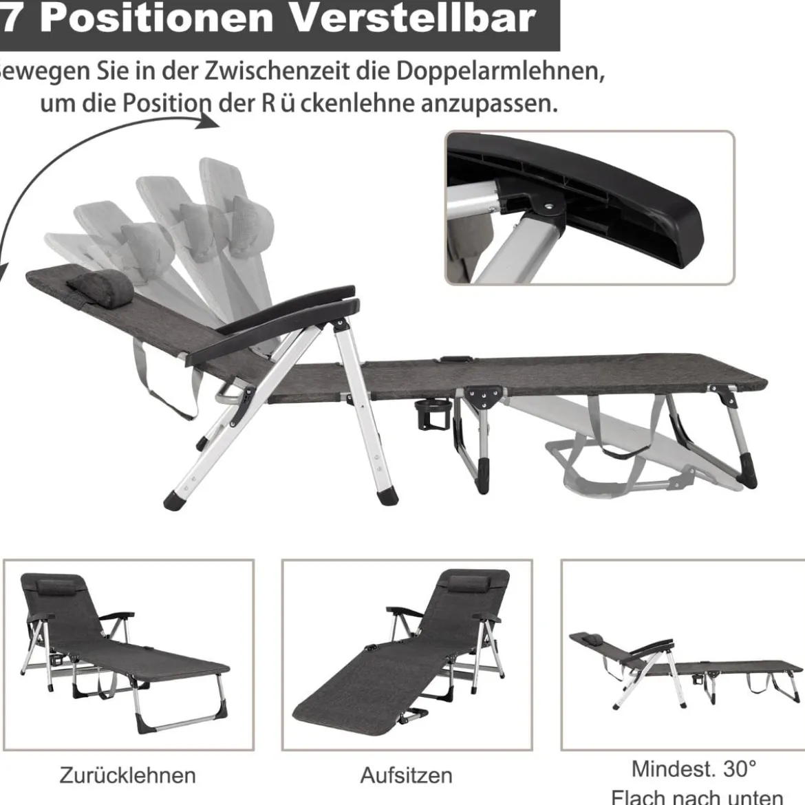 Verstellbare Sonnenliege Outdoor-Loungesessel 134-190 x 71 x 61,5-95 cm Grau