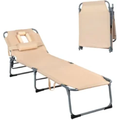 Verstellbare Sonnenliege Zusammenklappbare Strandliege mit Kissen 194 x 61 x 35,5 – 86,5 cm Beige