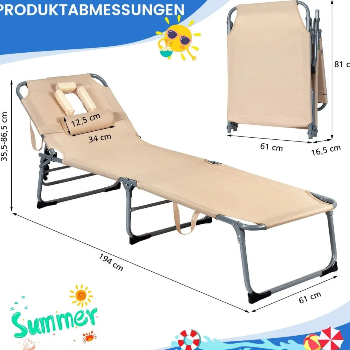 Verstellbare Sonnenliege Zusammenklappbare Strandliege mit Kissen 194 x 61 x 35,5 – 86,5 cm Beige