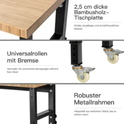 Verstellbare Werkbank mit Universalrollen Arbeitstisch aus Bambus 120 x 60 x 77-101 cm Natur