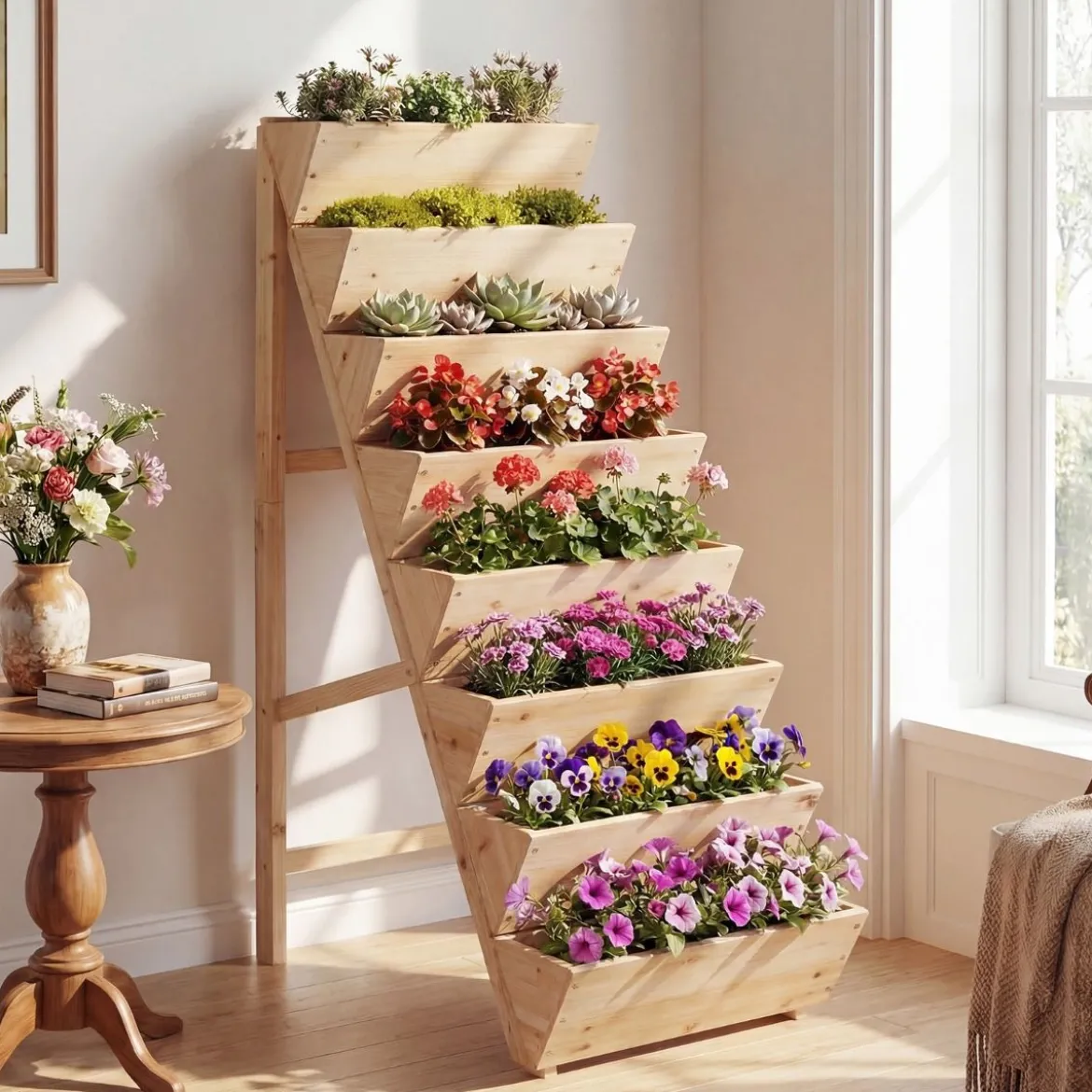 Vertikales Hochbeet mit 8 Etagen aus Tannenholz Blumenbeet mit Pflanzkästen Blumentreppe Natur