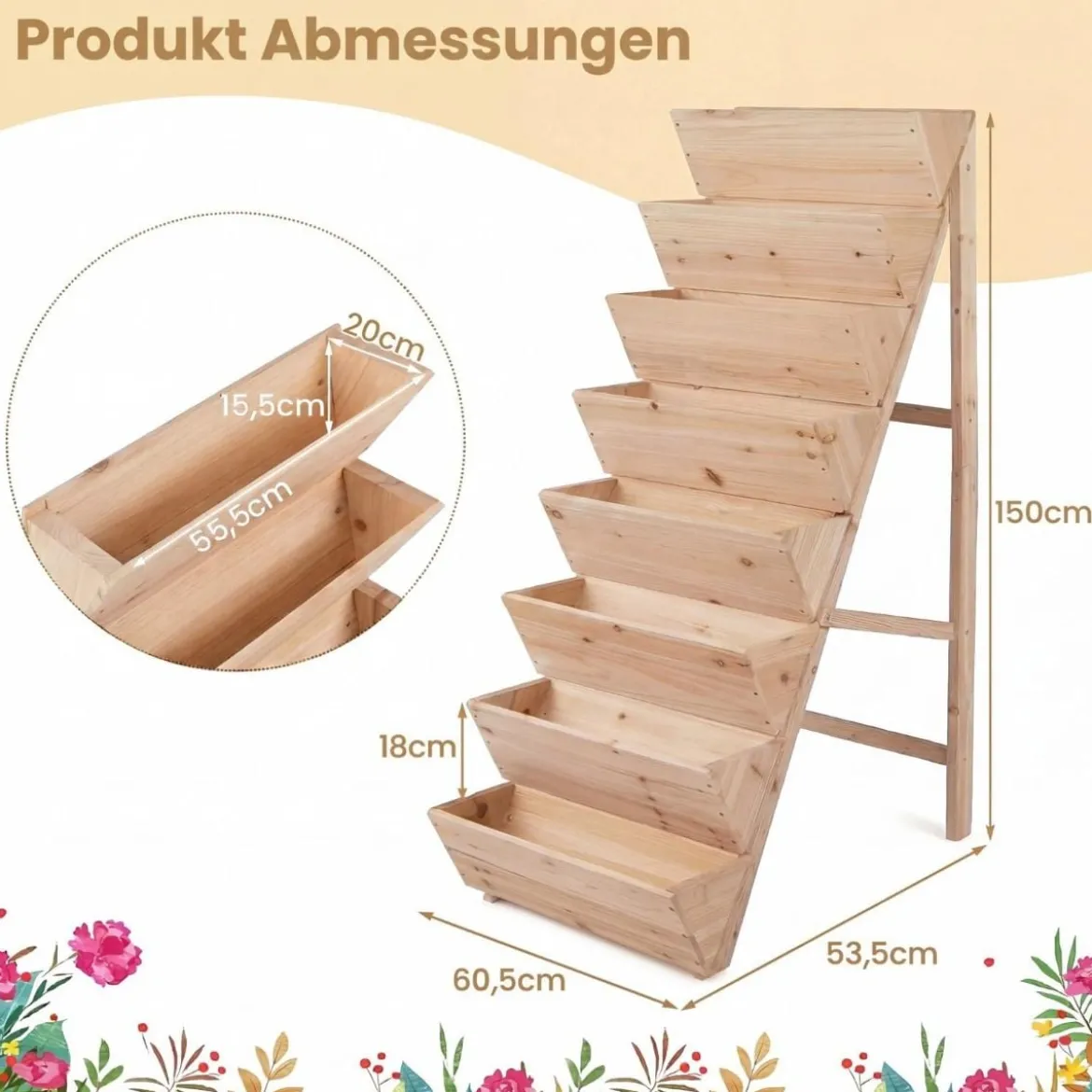 Vertikales Hochbeet mit 8 Etagen aus Tannenholz Blumenbeet mit Pflanzkästen Blumentreppe Natur