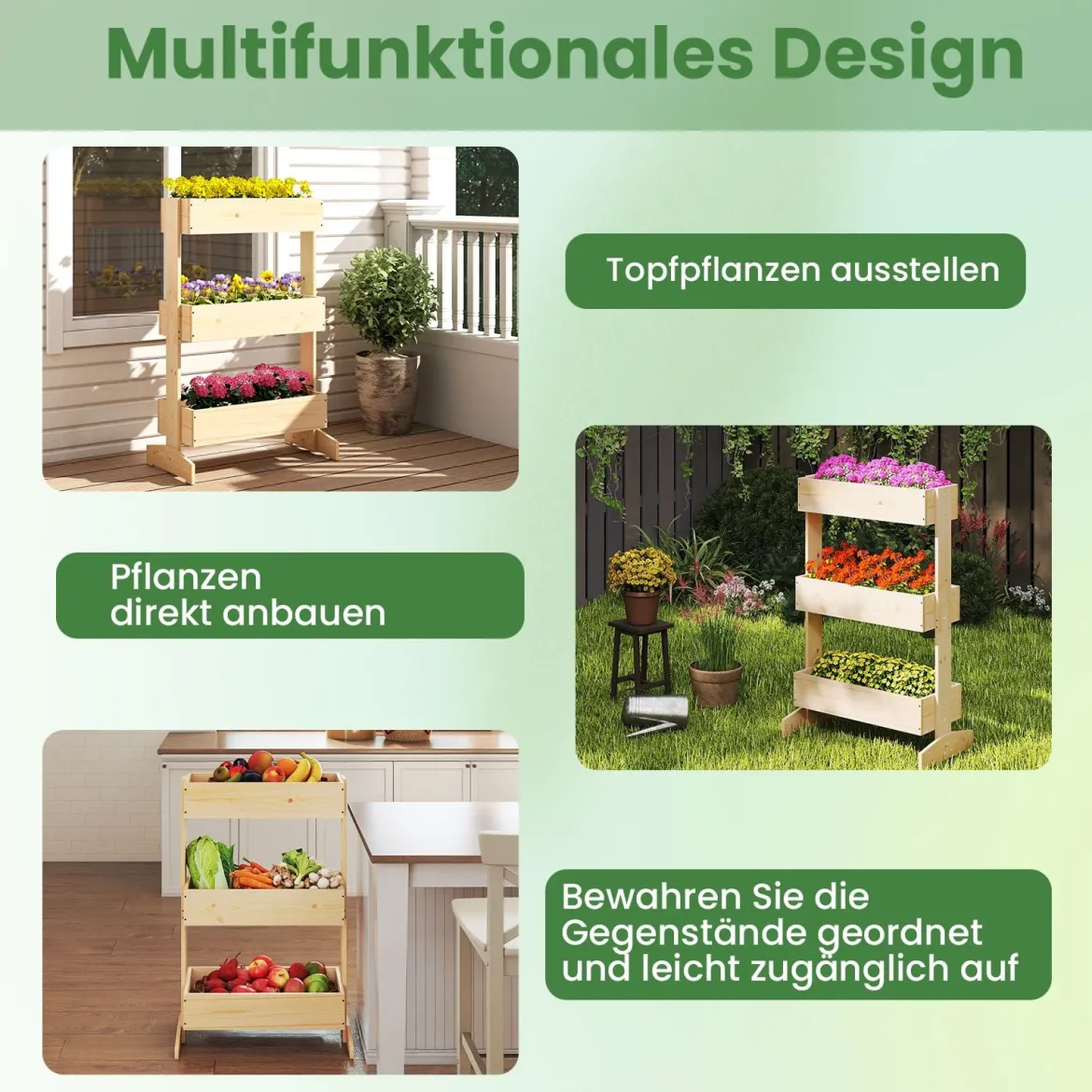 Vertikales Hochbeet mit 3 Etagen Blumenbeet mit 3 Pflanzkästen Gartenbeet Tannenholz Natur 69 x 39 x 109 cm