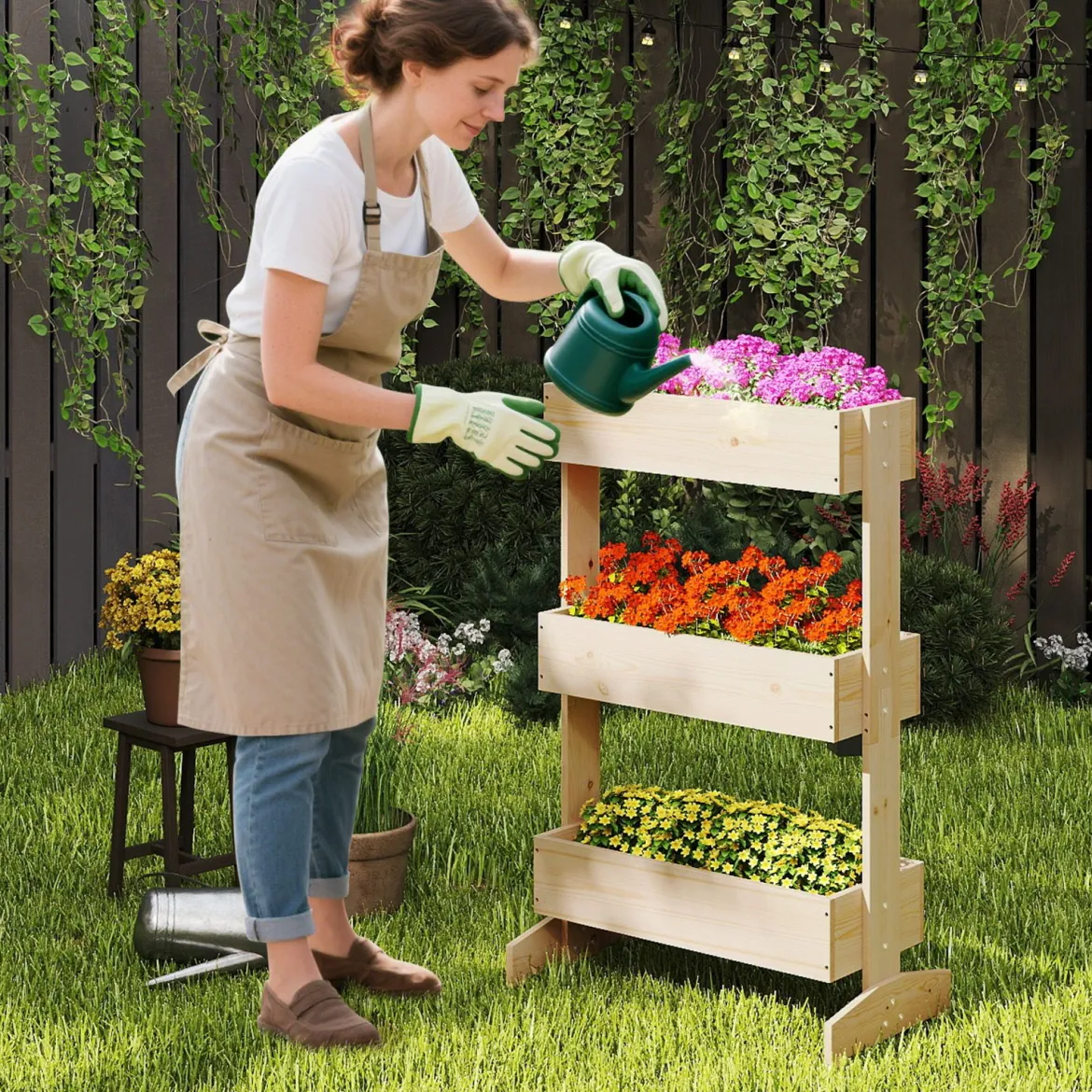 Vertikales Hochbeet mit 3 Etagen Blumenbeet mit 3 Pflanzkästen Gartenbeet Tannenholz Natur 69 x 39 x 109 cm