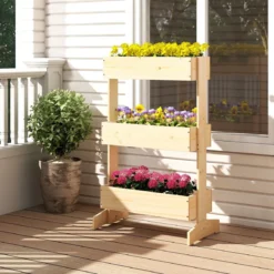 Vertikales Hochbeet mit 3 Etagen Blumenbeet mit 3 Pflanzkästen Gartenbeet Tannenholz Natur 69 x 39 x 109 cm