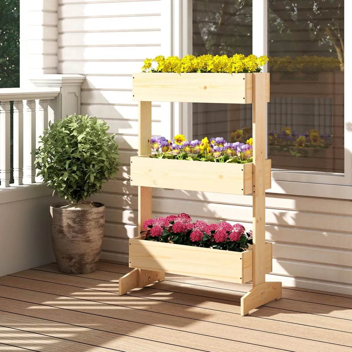 Vertikales Hochbeet mit 3 Etagen Blumenbeet mit 3 Pflanzkästen Gartenbeet Tannenholz Natur 69 x 39 x 109 cm