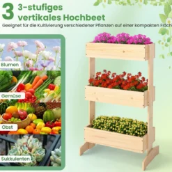 Vertikales Hochbeet mit 3 Etagen Blumenbeet mit 3 Pflanzkästen Gartenbeet Tannenholz Natur 69 x 39 x 109 cm