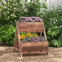 Vertikales Hochbeet mit 2 Etagen & 3 Pflanzkästen & Ablauflöchern Blumenbeet 66 x 73 x 73 cm Braun