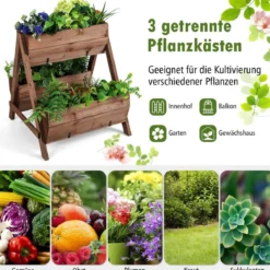 Vertikales Hochbeet mit 2 Etagen & 3 Pflanzkästen & Ablauflöchern Blumenbeet 66 x 73 x 73 cm Braun